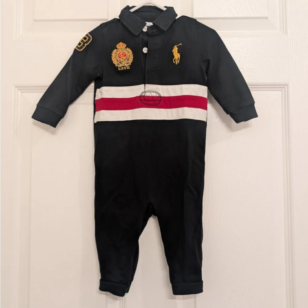 Baby Ralph Lauren Bodysuit 9 Months Black Red Pony Logo Romper